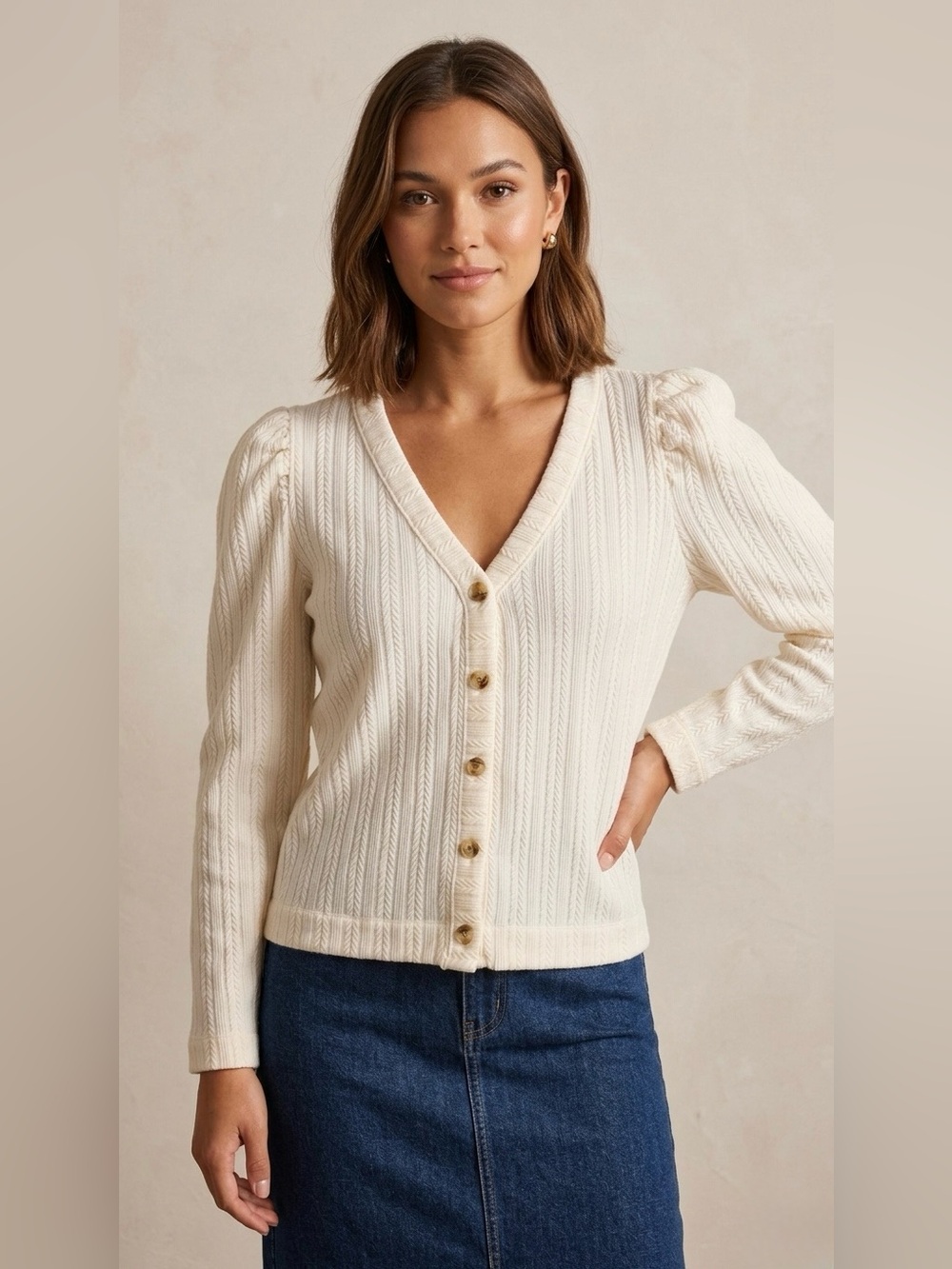 New! LOFT Cream V-Neck Cable Knit Button Cardigan Sweater SMALL